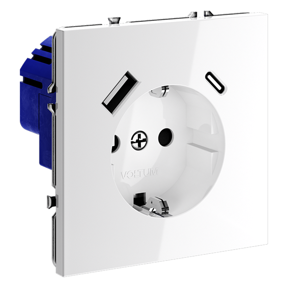 Розетка встраиваемая VOLTUM S70 с заземлением и защитными шторками, 16А, с USB, A+С, (белый глянцевы