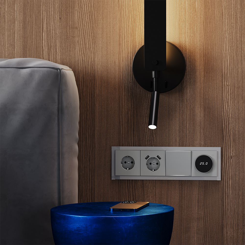 Выключатель встраиваемый VOLTUM S70 одноклавишный с подсветкой 10А, (сталь)