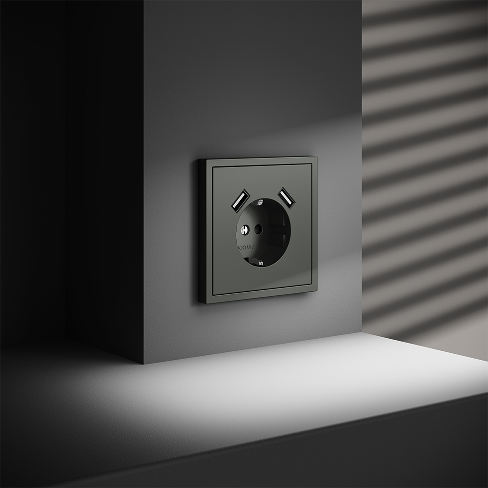 Розетка встраиваемая VOLTUM S70 с заземлением и защитными шторками, 16А, с USB, A+A, (титан)