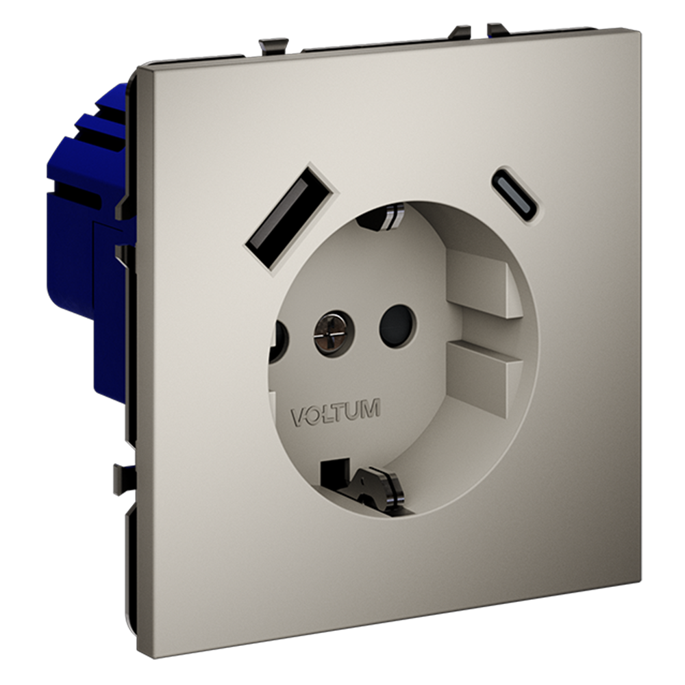 Розетка встраиваемая VOLTUM S70 с заземлением и защитными шторками, 16А, с USB, A+С, (кашемир)