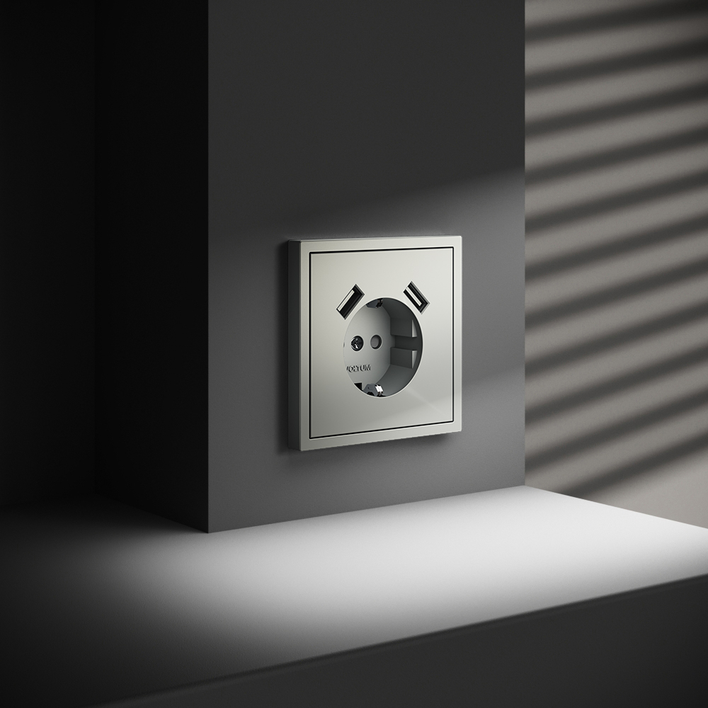 Розетка встраиваемая VOLTUM S70 с заземлением и защитными шторками, 16А, с USB, A+A, (сталь)