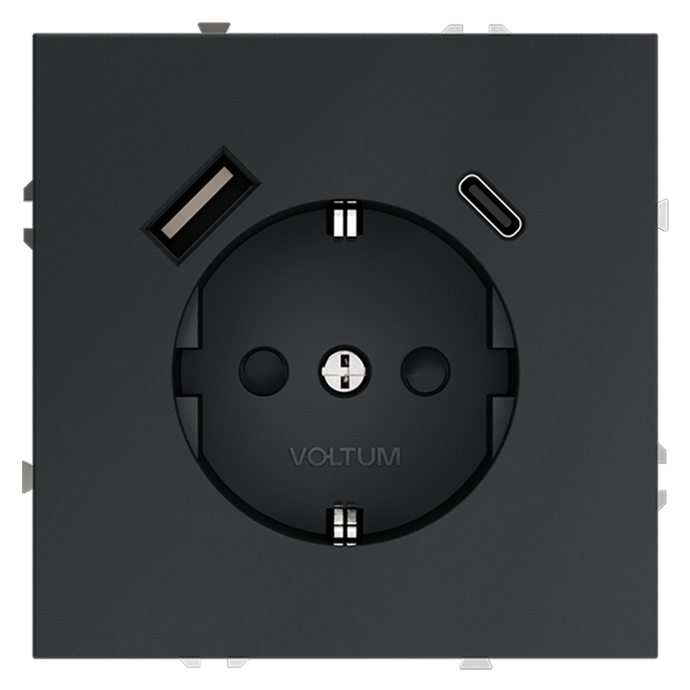 Розетка встраиваемая VOLTUM S70 с заземлением и защитными шторками, 16А, с USB, A+С, (графит)