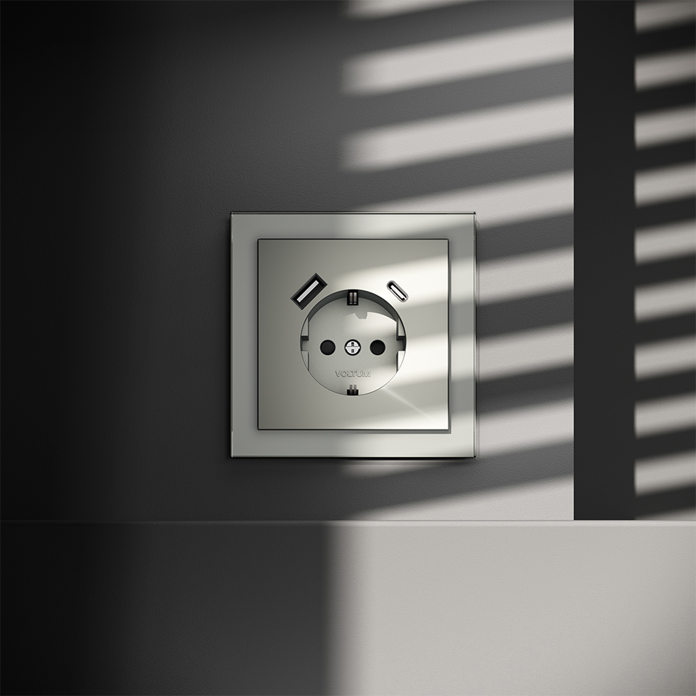 Розетка встраиваемая VOLTUM S70 с заземлением и защитными шторками, 16А, с USB, A+С, (сталь)