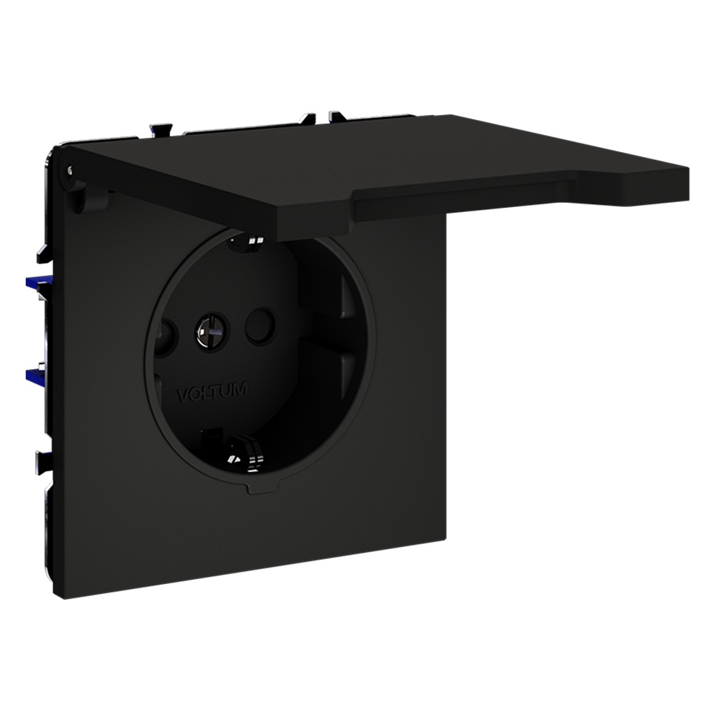 Розетка встраиваемая VOLTUM S70 с заземлением, защитными шторками и крышкой 16А, (черный матовый)