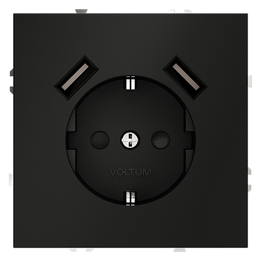 Розетка встраиваемая VOLTUM S70 с заземлением и защитными шторками, 16А, с USB, A+A, (черный матовый